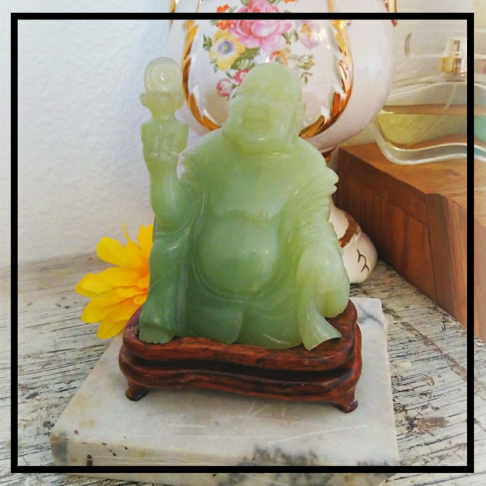 Green Jade Carvingof Laughing Buddha on Wood Stand